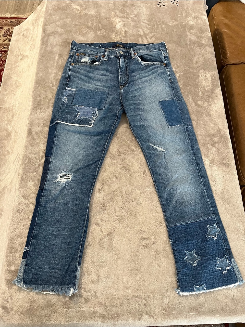 Ralph Lauren Blue Patchwork Ankle Jeans with Star-Hem